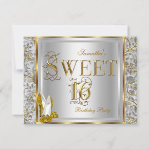 Gold Silver White Sweet Sixteen Sweet 16 Party Invitation