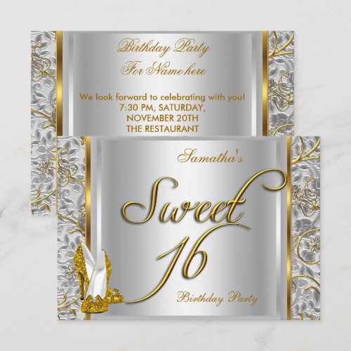 Gold Silver White Sweet Sixteen Sweet 16 Party Personalized Invite