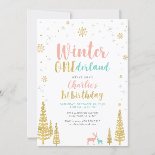 Gold  Silver Winter onederland 1st birthday party Invitation