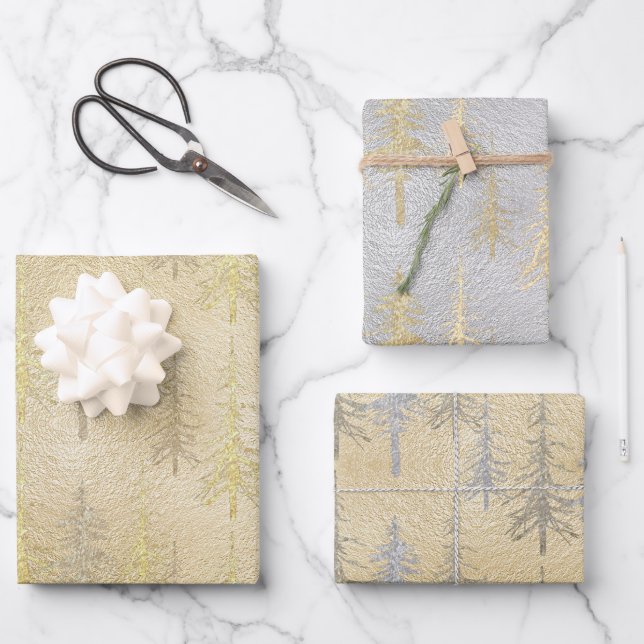 Gold Silver Woodland Scraggly Spruce Pine Trees Wrapping Paper Sheets (Front)