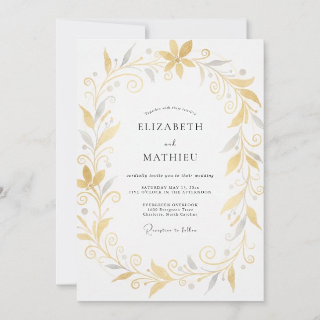 Gold Silver Wreath Wedding Invitation (Front)