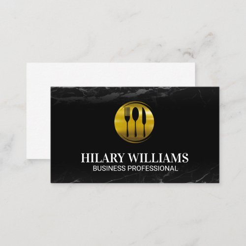 Gold Silverware Logo  Black Marble Business Card