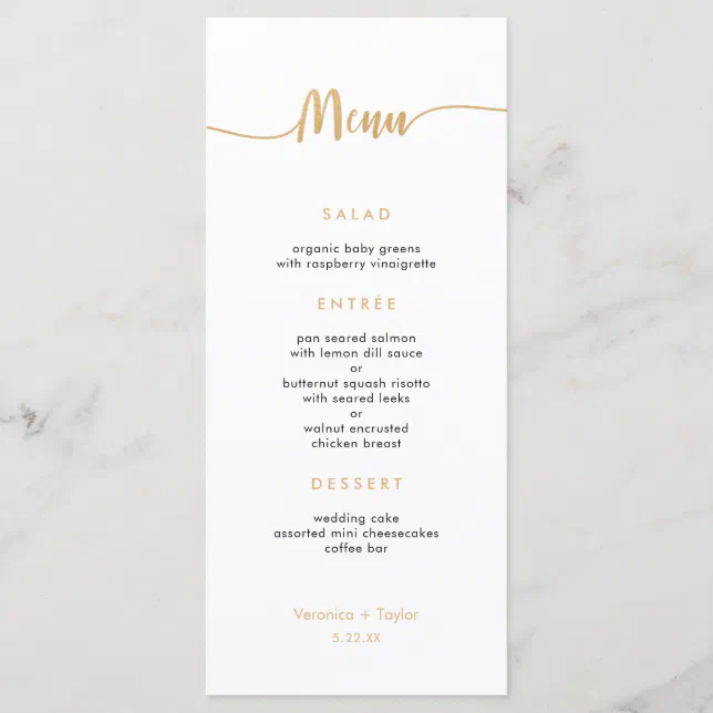 Gold Simple 3 course wedding menu | Zazzle