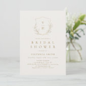 Gold simple botanical crest monogram bridal shower invitation (Standing Front)