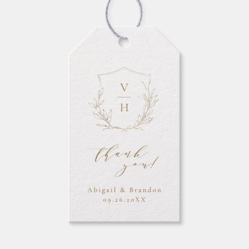 Gold simple botanical crest monogram wedding gift tags