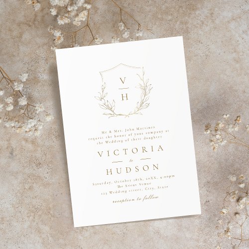 Gold simple botanical crest monogram wedding invitation