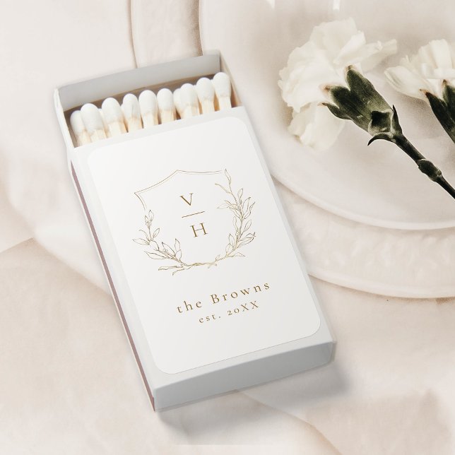 Gold simple botanical crest monogram wedding matchboxes (Gold simple botanical crest monogram wedding matchboxes)
