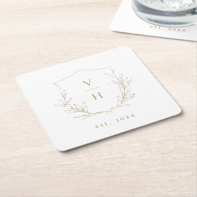 Gold simple botanical crest monogram wedding square paper coaster (Angled)
