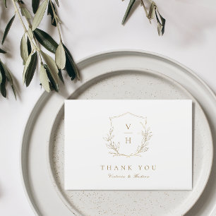 Gold simple botanical crest monogram wedding thank you card