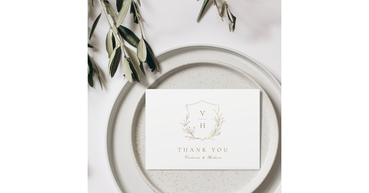 Gold simple botanical crest monogram wedding thank you card | Zazzle