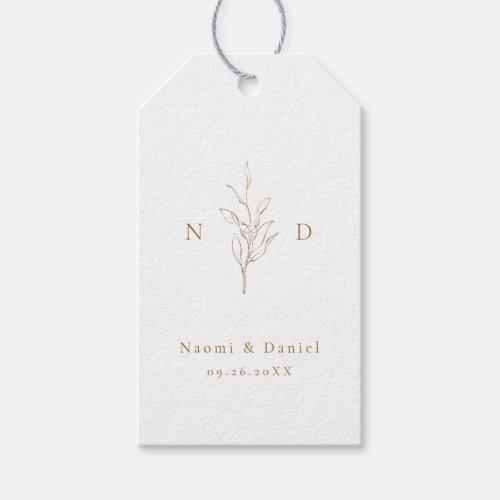 Gold simple botanical leaves monogram wedding gift tags