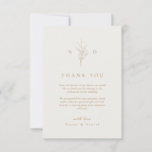 Gold simple botanical leaves monogram wedding than thank you card