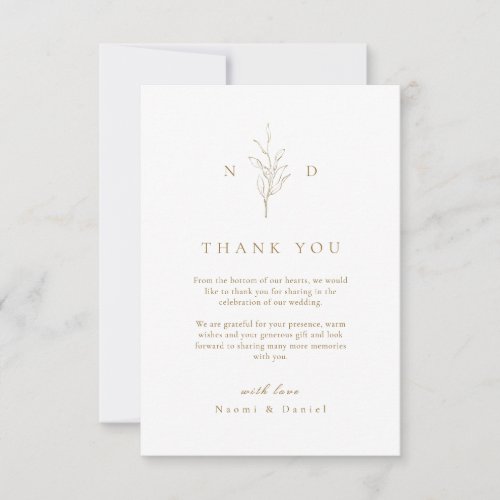 Gold simple botanical leaves monogram wedding thank you card