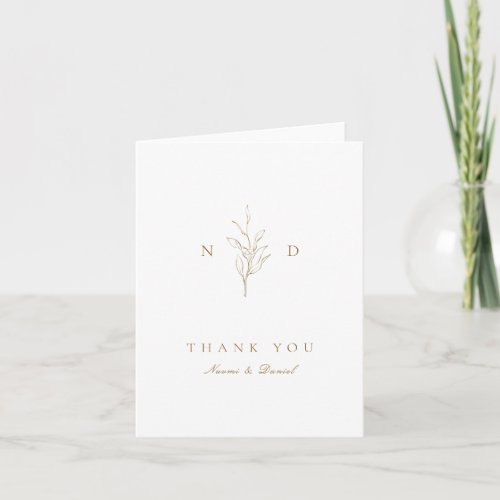 Gold simple botanical leaves monogram wedding thank you card