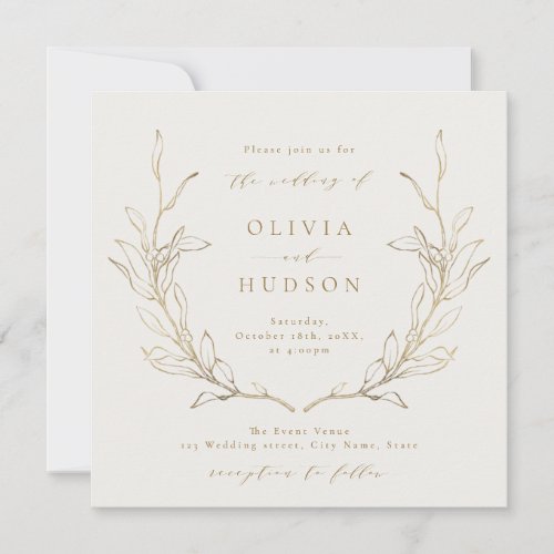 Gold simple botanical wreath rustic wedding invita invitation