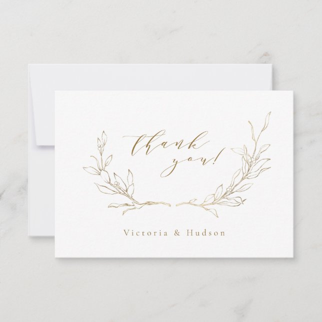 Gold simple botanical wreath wedding thank you card (Front)