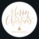 Gold Simple Calligraphy Merry Christmas Classic Round Sticker<br><div class="desc">Personalized Christmas gift stickers feature big faux gold foil handwritten calligraphy and Christmas tree,   simple,  modern and elegant.</div>