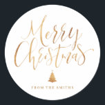 Gold Simple Calligraphy Merry Christmas Classic Round Sticker<br><div class="desc">Personalized Christmas gift stickers feature big faux gold foil handwritten calligraphy and Christmas tree,   simple,  modern and elegant.</div>