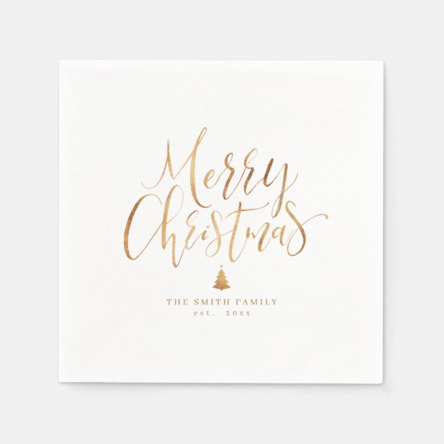 Gold Simple Calligraphy Merry Christmas Napkins (Front)
