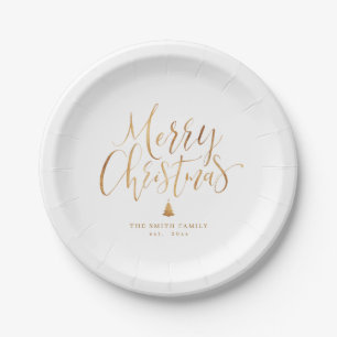 Gold Simple Calligraphy Merry Christmas Paper Plates