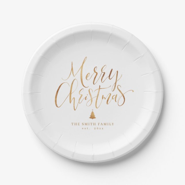 Gold Simple Calligraphy Merry Christmas Paper Plates (Front)