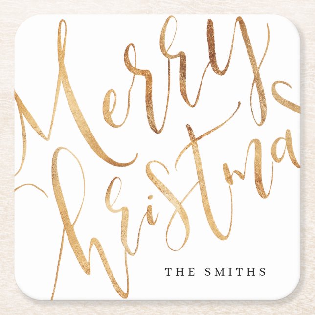 Gold Simple Calligraphy Merry Christmas Square Paper Coaster (Front)