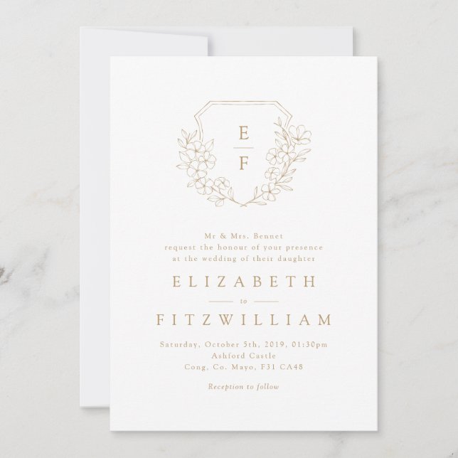 Gold Simple Cherry Blossom Monogram Crest  Invitation (Front)