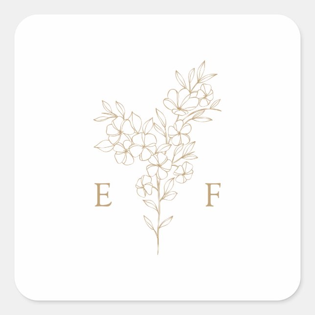 Gold Simple Cherry Blossom Wreath Monogram Wedding Square Sticker (Front)