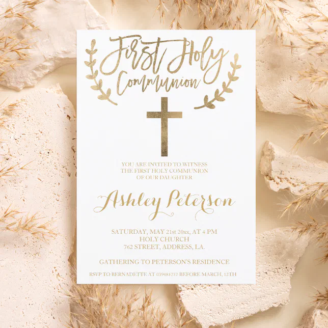 Gold simple chic cross First Holy Communion Invitation | Zazzle