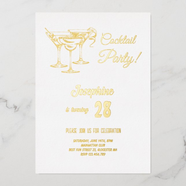 Gold simple cocktail birthday party foil invitation (Front)