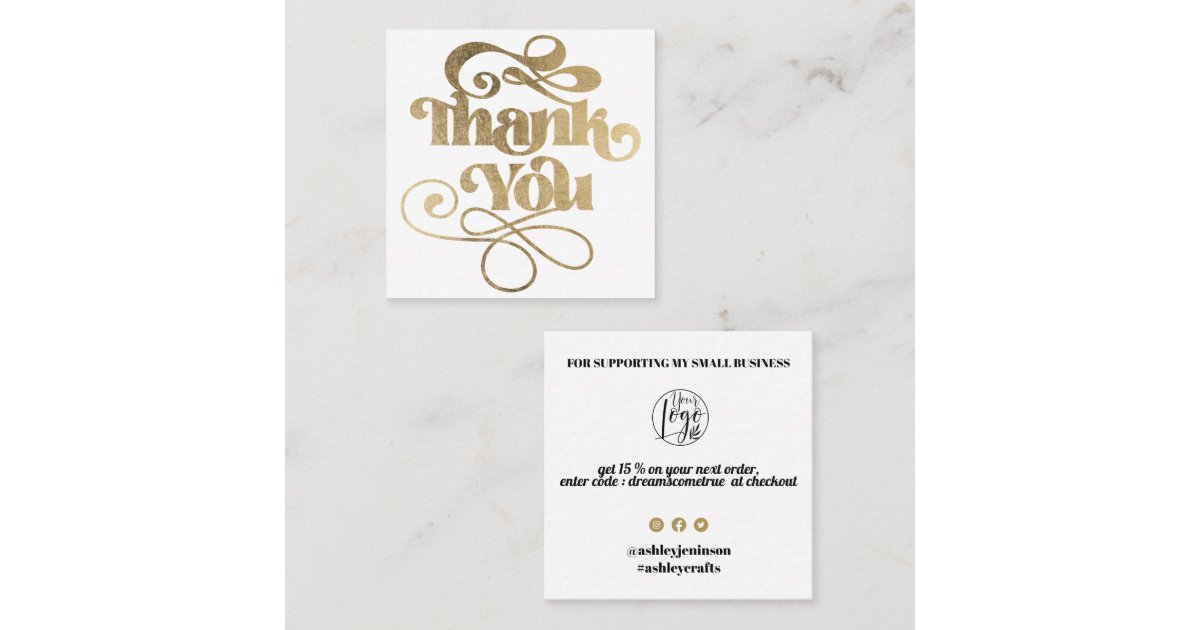 Gold simple cool retro script order thank you square business card | Zazzle
