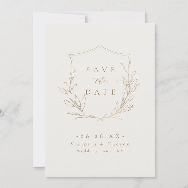 Gold simple elegance botanical crest wedding save  save the date (Front)