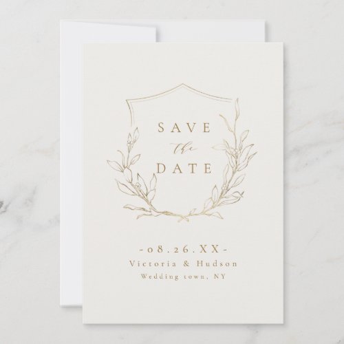 Gold simple elegance botanical crest wedding save  save the date
