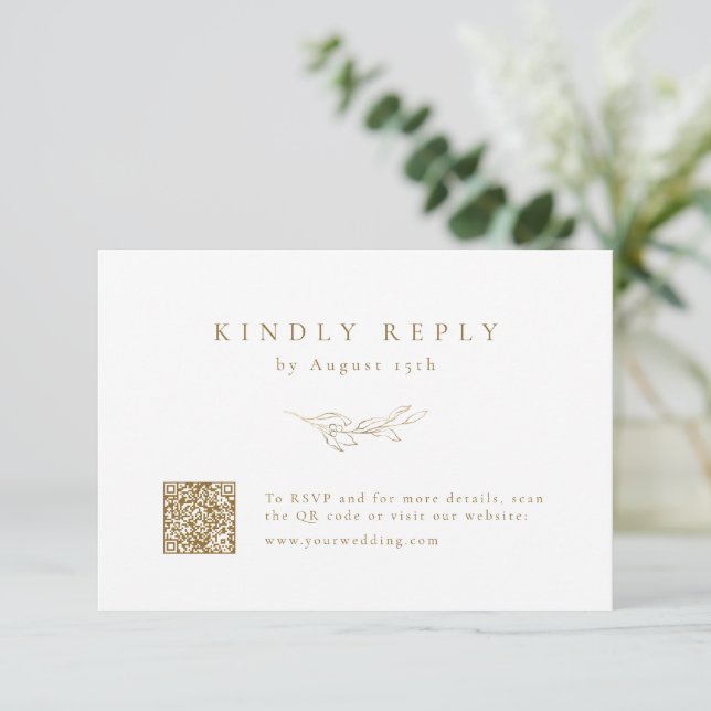Gold simple elegance botanical QR code wedding RSVP Card (Standing Front)