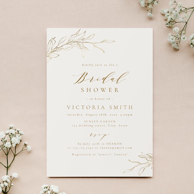 Gold simple elegant botanical rustic bridal shower invitation (Gold simple elegant botanical rustic bridal shower invitation)