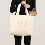 Gold simple elegant botanical wreath Bridesmaid Large Tote Bag<br><div class="desc">Monogrammed initial framed by elegant hand illustrated botanical leaves wreath in faux gold color,  with personalized name,  Simple and elegant, 
Great monogrammed gift for bridesmaid. 
See all the matching pieces in collection</div>