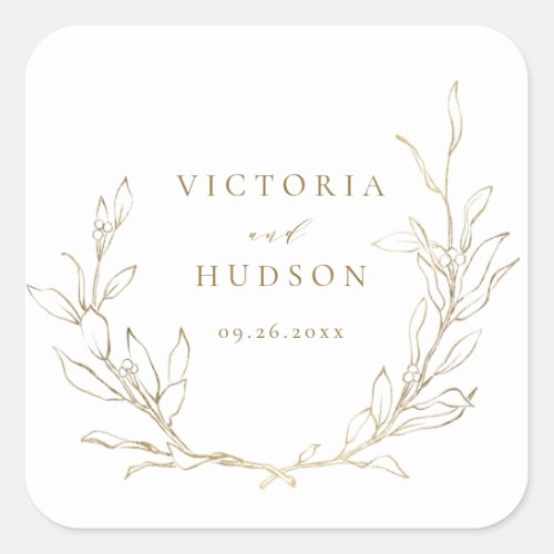 Gold simple elegant botanical wreath wedding square sticker