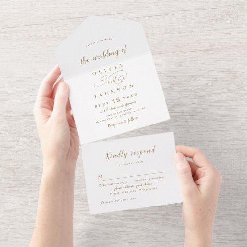 Gold simple elegant romantic script wedding all in one invitation