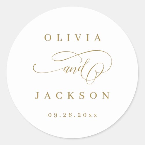 Gold simple elegant romantic script wedding favors classic round sticker