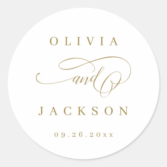 Gold simple elegant romantic script wedding favors classic round sticker (Front)