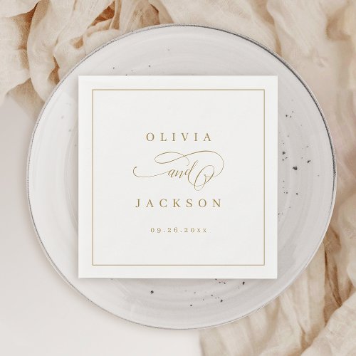 Gold simple elegant romantic script wedding napkins
