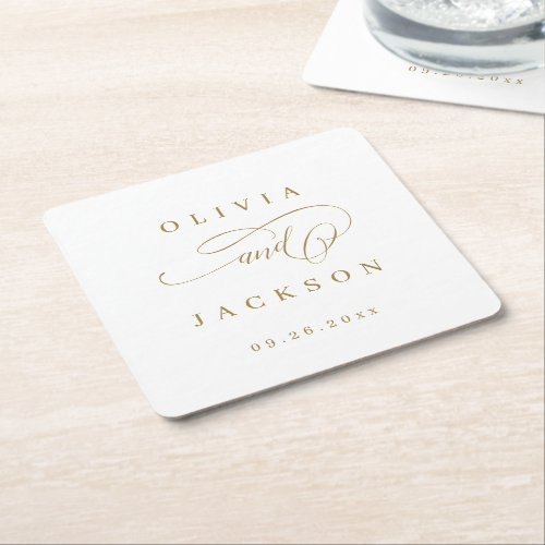 Gold simple elegant romantic script wedding square paper coaster