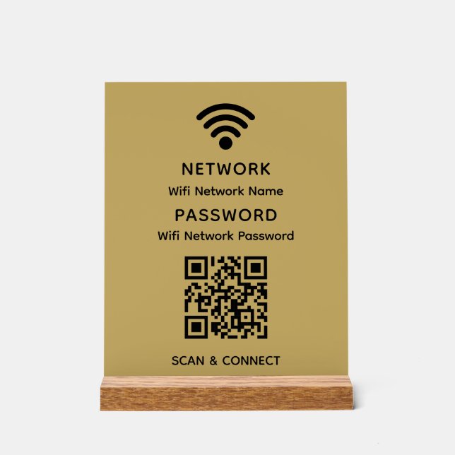 Gold Simple Elegant Wifi QR Code Network Password Acrylic Sign (Front)
