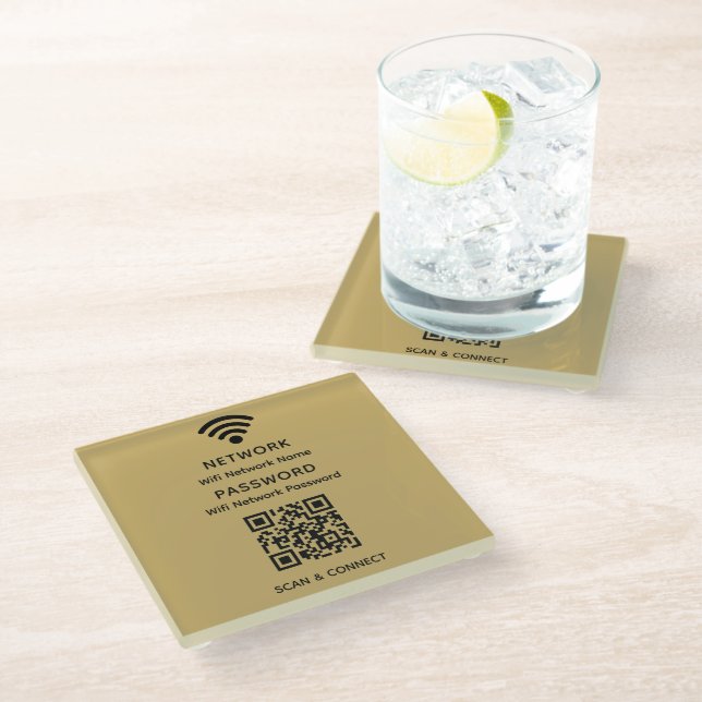 Gold Simple Elegant Wifi QR Code Network Password Glass Coaster (Angled)