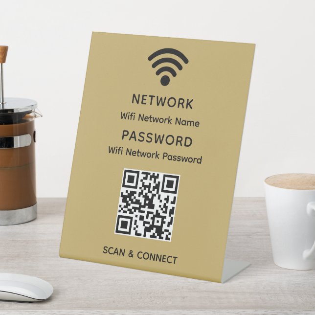 Gold Simple Elegant Wifi QR Code Network Password Pedestal Sign (In SItu)