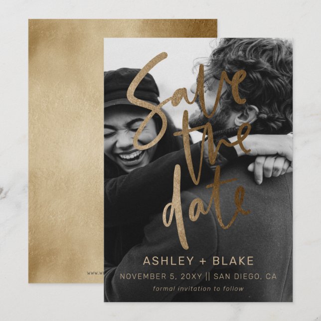 Gold Simple Handwritten Calligraphy Photo Save The Date (Front/Back)