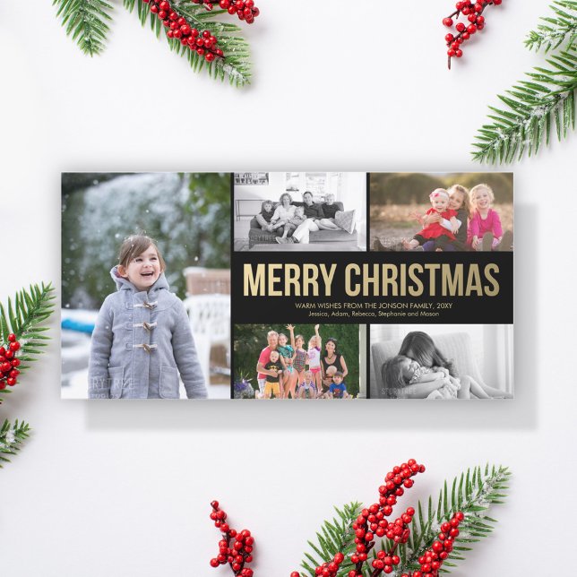 Gold Simple Merry Christmas Collage 5 Photo Card (Creator Uploaded)