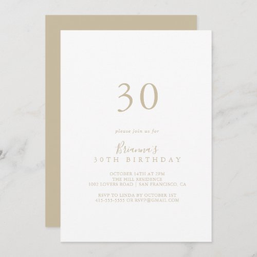 Gold Simple Minimalist 30th Birthday Party  Invitation