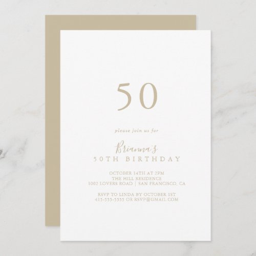Gold Simple Minimalist 50th Birthday Party  Invitation