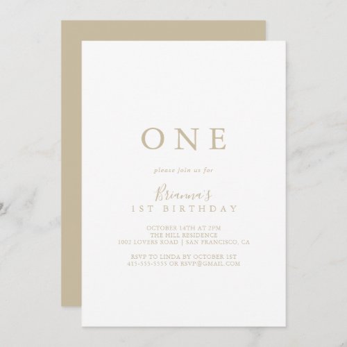 Gold Simple Minimalist First Birthday Party  Invitation